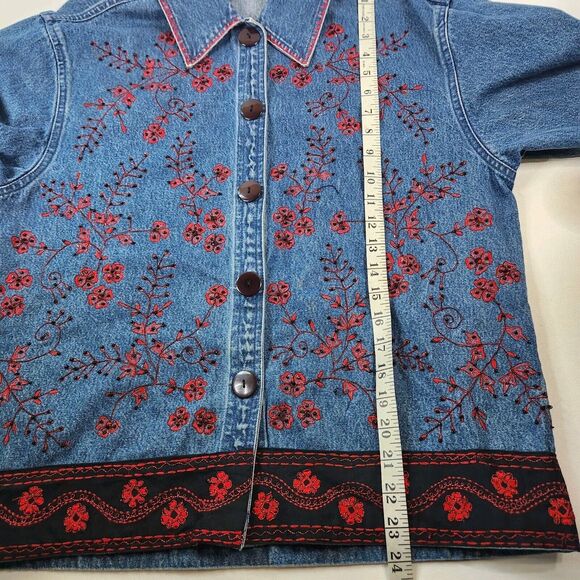 Life Style Denim Embroidered Red Black Floral Button Front Jacket Size S Japan - Picture 9 of 10